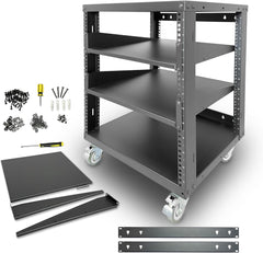 12U 19-Inch Open Frame AV Rack with Shelves, Wheels & Hardware