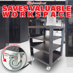 12U 19-Inch Open Frame AV Rack with Shelves, Wheels & Hardware
