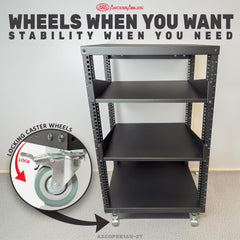 16U 19-Inch Open Frame AV Rack with Shelves, Wheels & Hardware