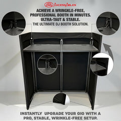 AxcessAbles Portable DJ Facade Booth with Carry Case – 40" x 20" Tabletop, Steel Frame, and Black & White Scrims
