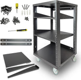 AxcessAbles 16U Open Frame Network & AV Rack with Caster Wheels, Two 2U Shelves, 10-32 & Cage Nut Compatible Rails, Cage Nuts, Screws, Cage Nut Tool & Wall Mount Kit | 19-Inch Equipment Rack