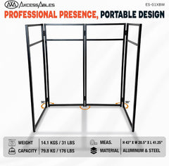 AxcessAbles Portable DJ Facade Booth with Carry Case – 40" x 20" Tabletop, Steel Frame, and Black & White Scrims