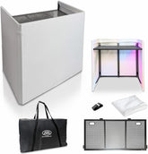 AxcessAbles Portable White DJ Facade Booth with Carry Case – 40" x 20" Tabletop, Steel Frame, and White Scrim