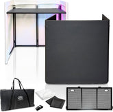 AxcessAbles Portable DJ Facade Booth with Carry Case – 40" x 20" Tabletop, Steel Frame, and Black & White Scrims