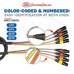AxcessAbles 10 FT 4 Channel XLR Snake Cable, Color Coded Metal Connectors, XLR Male to XLR Female, 26AWG Oxygen Free Copper, for Live Recording Studios (1 Pack, 10 FT)