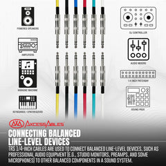 AxcessAbles 20ft 6-Pack TRS to Audio Cables - 1/4" Balanced, Multi-Color, Male-to-Male, Studio & Home Audio