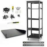 30U 19-Inch Open Frame Network & AV Rack with 3 Shelves, Locking Wheels, Cage Nuts & Wall Mount Kit