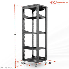 30U 19-Inch Open Frame Network & AV Rack with 3 Shelves, Locking Wheels, Cage Nuts & Wall Mount Kit