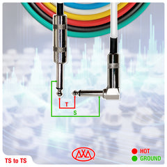 1/4-Inch TS (Mono) Straight to Right Angle Multi-Color Cables (6 Pack)