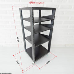 AxcessAbles OPRK22U-3T Open Frame Network & AV Rack with Caster Wheels, Three 2U Shelves, 10-32 & Cage Nut Compatible Rails, Cage Nuts, Screws, Cage Nut Tool & Wall Mount Kit | 19-Inch Equipment Rack - 440lb Capacity, 18" Depth