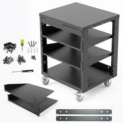 AxcessAbles OPRK12U-2T Open Frame Network & AV Rack with Caster Wheels, Two 2U Shelves, 10-32 & Cage Nut Compatible Rails, Cage Nuts, Screws, Cage Nut Tool & Wall Mount Kit | 19-Inch Rack - 440lb Capacity, 18" Depth