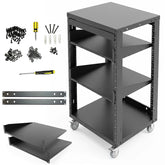 AxcessAbles OPRK16U-2T Open Frame Network & AV Rack with Caster Wheels, Two 2U Shelves, 10-32 & Cage Nut Compatible Rails, Cage Nuts, Screws, Cage Nut Tool & Wall Mount Kit | 19-Inch Equipment Rack - 440lb Capacity, 18" Depth