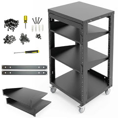AxcessAbles OPRK16U-2T Open Frame Network & AV Rack with Caster Wheels, Two 2U Shelves, 10-32 & Cage Nut Compatible Rails, Cage Nuts, Screws, Cage Nut Tool & Wall Mount Kit | 19-Inch Equipment Rack - 440lb Capacity, 18" Depth