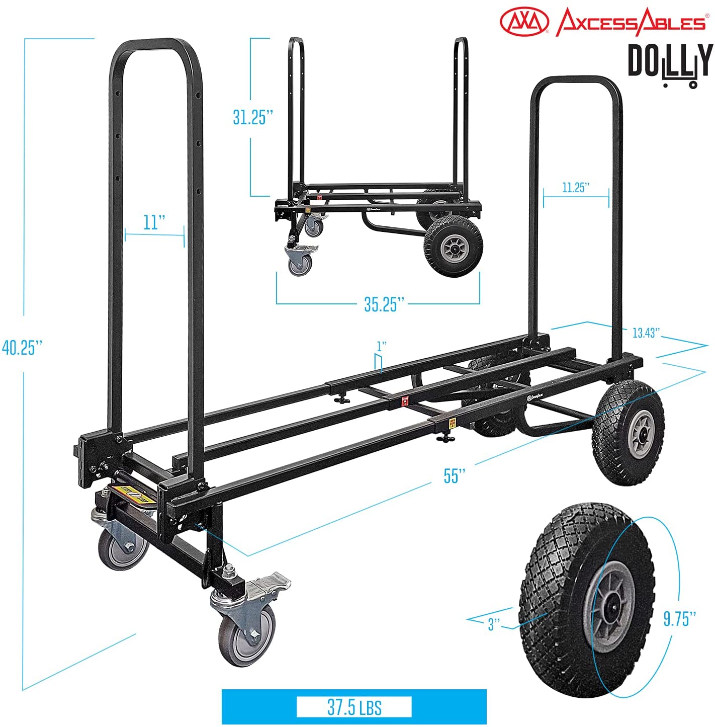 AxcessAbles Heavy Duty Folding Equipment Dolly Cart with Wheels | 700lb Capacity | DJ Cart | Moving Hand Truck Dolly | Telescoping Frame to 4.6ft.| Production Multicart | Fully Assembled