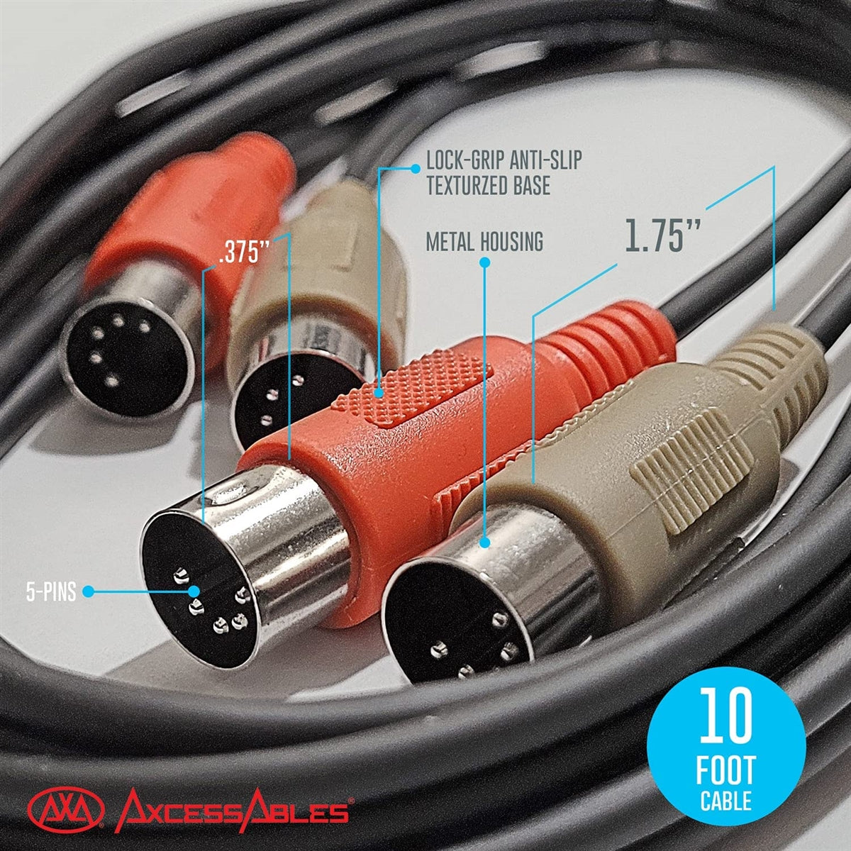 AxcessAbles MID-203 Dual 5-Pin to Dual 5-Pin MIDI Cable (10 ft). MIDI (Musical Instrument Digital Interface) Cable for Digital Keyboards, Synthesizers, Audio Interfaces.
