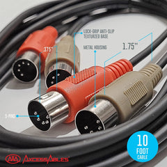 AxcessAbles MID-203 Dual 5-Pin to Dual 5-Pin MIDI Cable (10 ft). MIDI (Musical Instrument Digital Interface) Cable for Digital Keyboards, Synthesizers, Audio Interfaces.