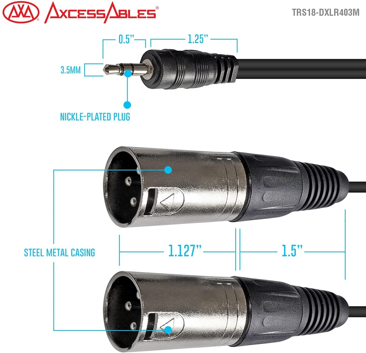 AxcessAbles 1/8 Stereo Male Mini-Jack to Dual Male XLR Audio Cable - 10ft | 1/8 TRS to Dual XLR Male Y-Splitter Cable | 3.5mm Stereo Mini-Jack Male to 2 XLR Male | AxcessAbles AXCTRS18-DXLR403M 10ft