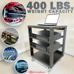 AxcessAbles OPRK12U-2T Open Frame Network & AV Rack with Caster Wheels, Two 2U Shelves, 10-32 & Cage Nut Compatible Rails, Cage Nuts, Screws, Cage Nut Tool & Wall Mount Kit | 19-Inch Rack - 440lb Capacity, 18" Depth