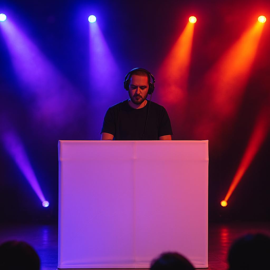 AxcessAbles Portable White DJ Facade Booth with Carry Case – 40" x 20" Tabletop, Steel Frame, and White Scrim | White DJ Table | Event Booth (ES-01X)
