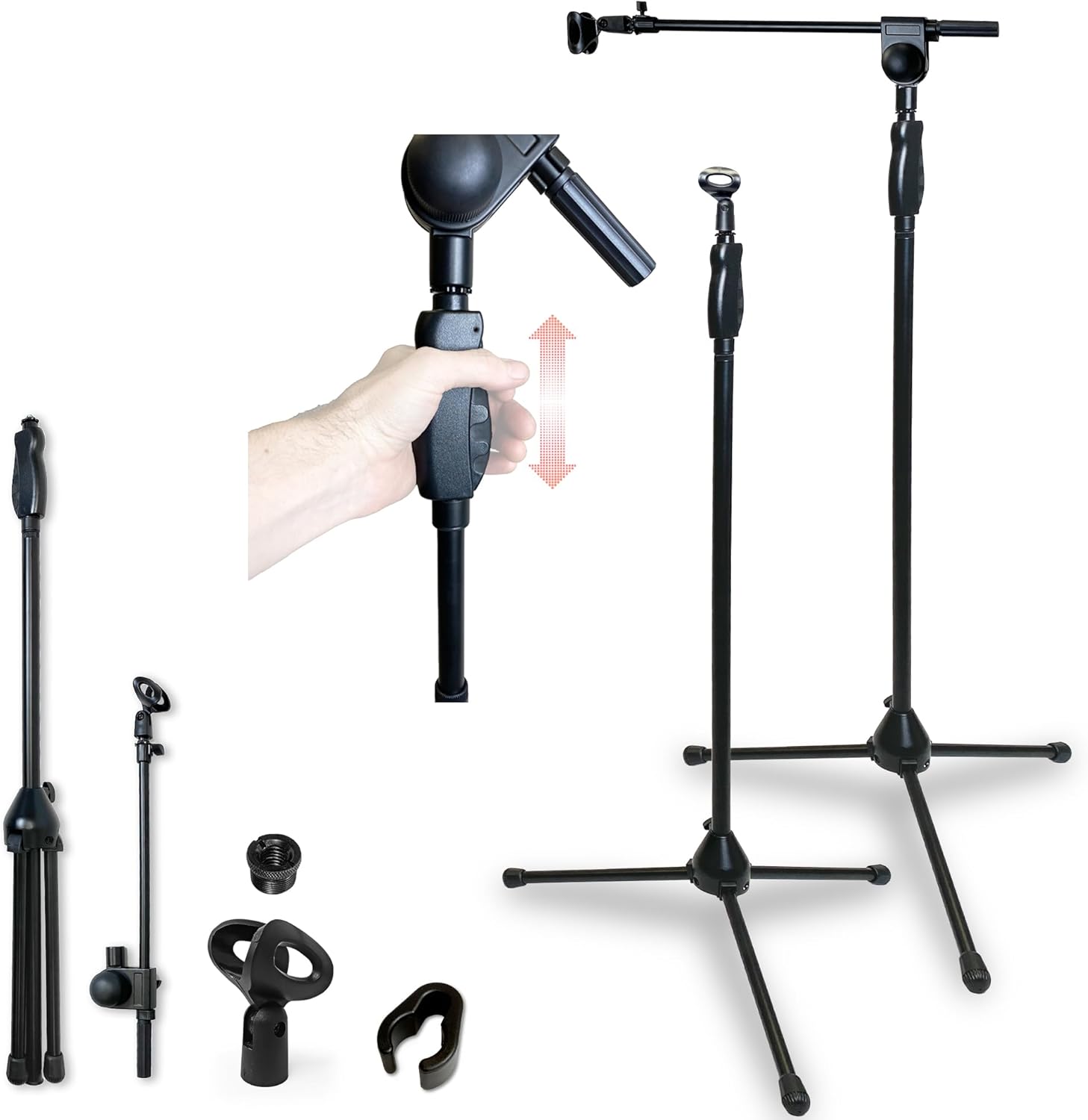 AxcessAbles Tripod Microphone Stand with Clutch Height Adjustment and Telescopic Mic Boom Arm | Soft Grip Squeeze Height Adjustment| Performer's Microphone Stand | Collapsible Tripod Base