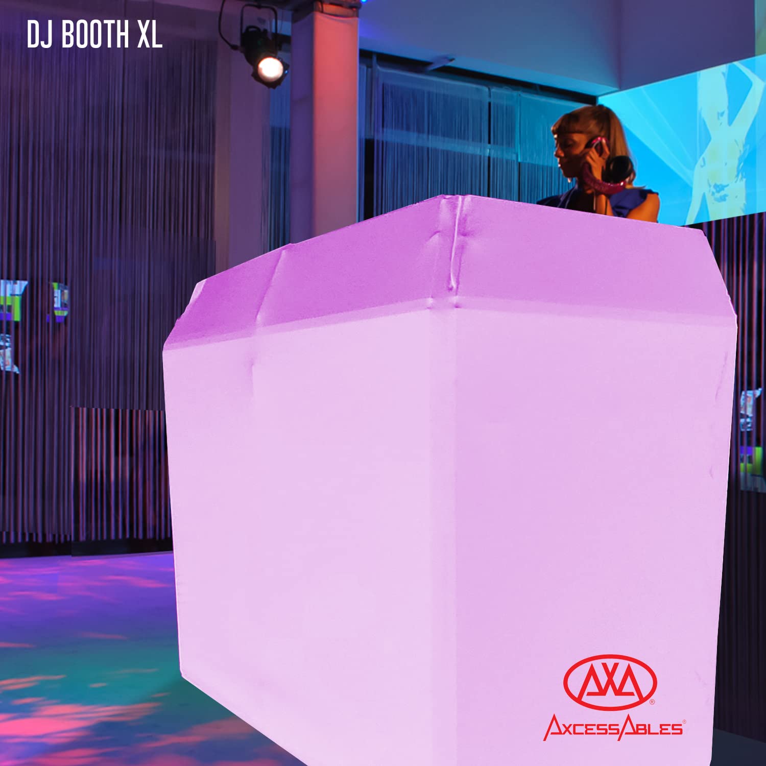 AxcessAbles DJ BOOTH XL 58" wide x 29" deep DJ Facade Table | Portable Extra Wide DJ Table Booth with Black and White Scrims, Carry Cases | Large DJ Controller Stand | Music Mixer Stand