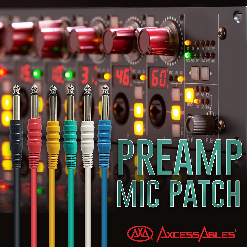 AxcessAbles 1/4 (6.35mm) TS to 1/4 (6.35mm) TS Unbalanced Mono Multi-Color Patch Cables 6 Pack (3ft) Outboard Gear & Patchbay Studio Cables External Effects Digital Analog Effects