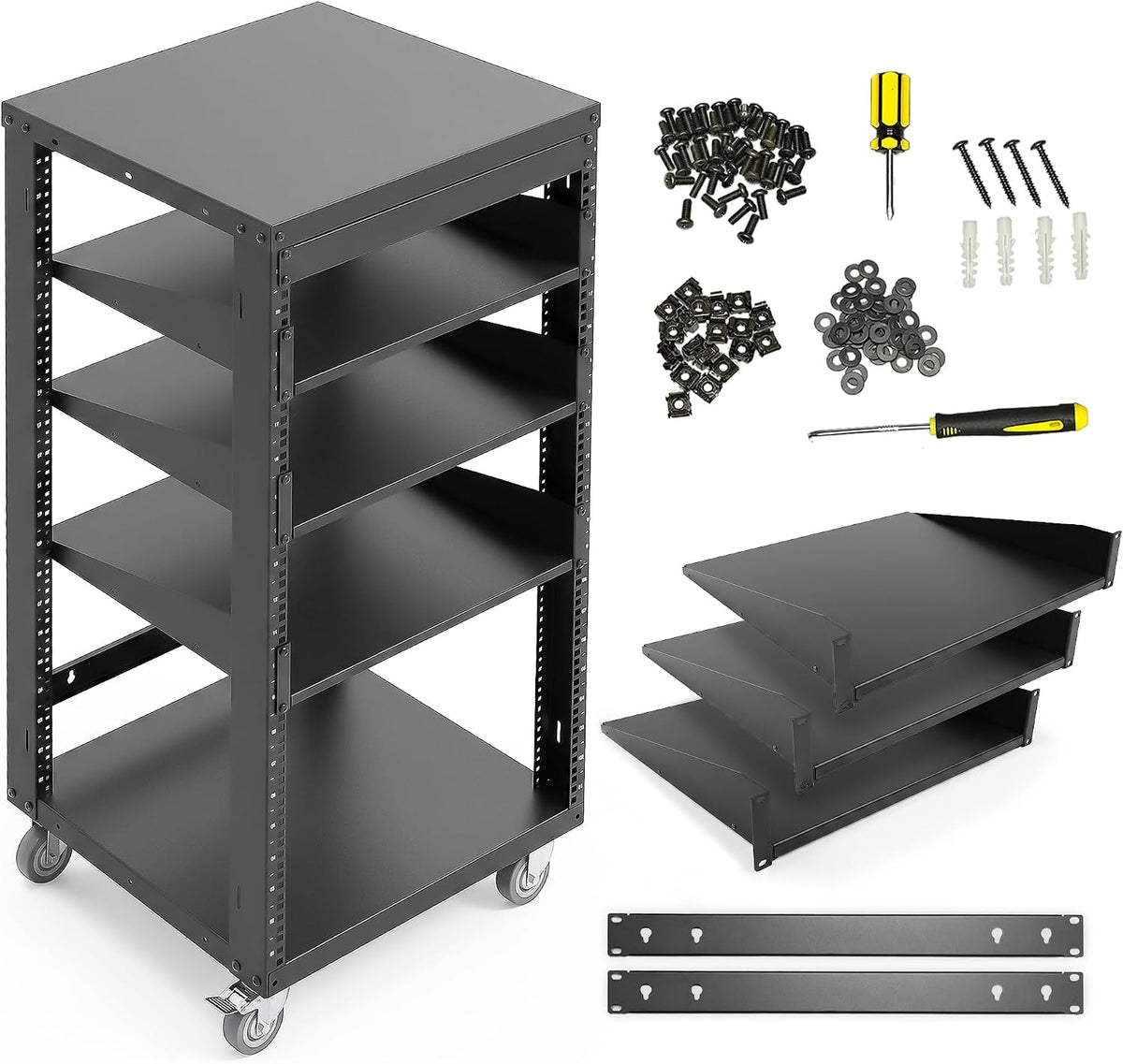 AxcessAbles OPRK22U-3T Open Frame Network & AV Rack with Caster Wheels, Three 2U Shelves, 10-32 & Cage Nut Compatible Rails, Cage Nuts, Screws, Cage Nut Tool & Wall Mount Kit | 19-Inch Equipment Rack (Open Box)