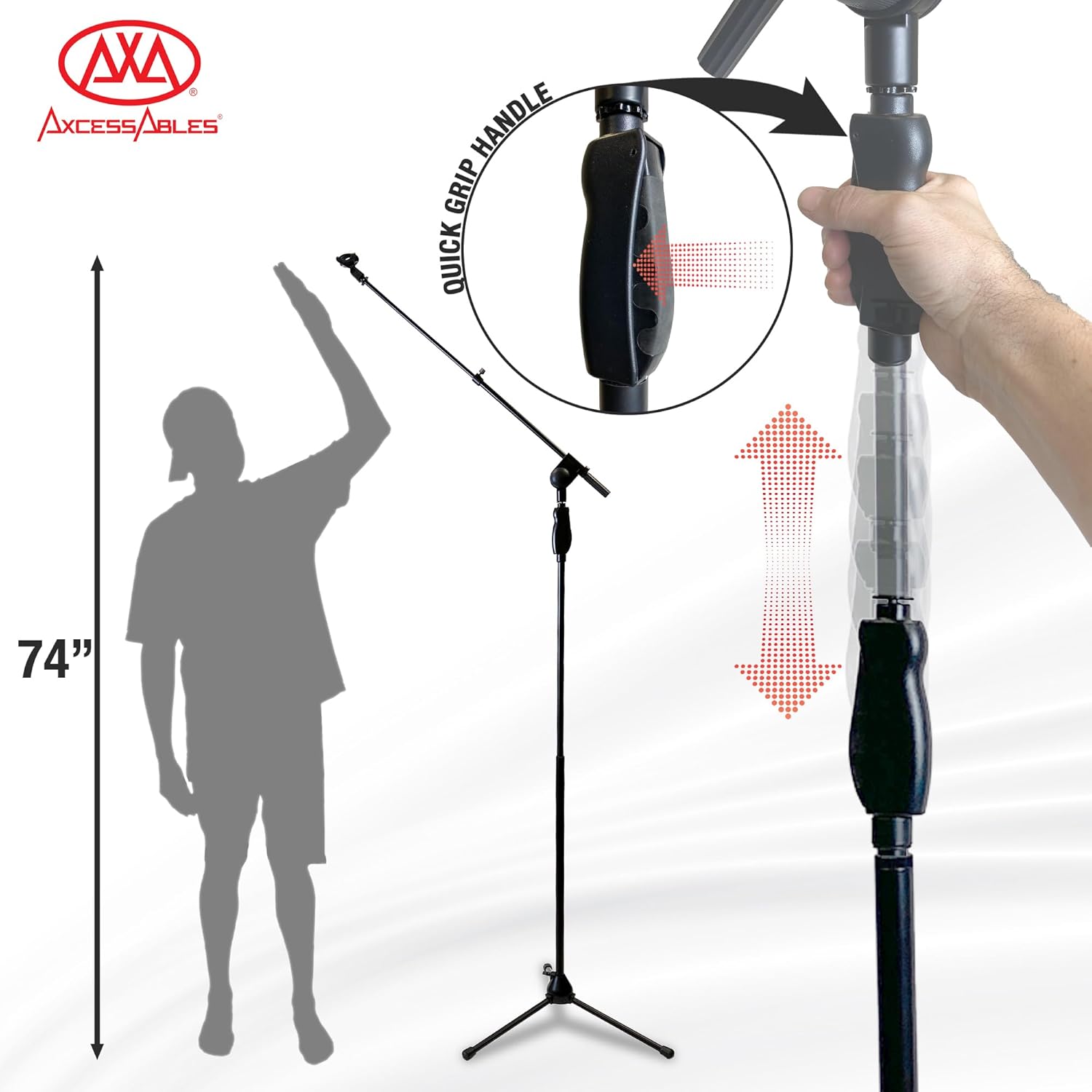 AxcessAbles Tripod Microphone Stand with Clutch Height Adjustment and Telescopic Mic Boom Arm | Soft Grip Squeeze Height Adjustment| Performer's Microphone Stand | Collapsible Tripod Base