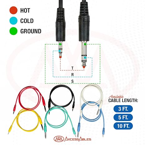 AxcessAbles 1/8 inch (3.5mm) TS to 1/8 inch (3.5mm) TS Unbalanced Mono Patch Cables |3.5mm TS Aux Cords 6 Pack (3ft)