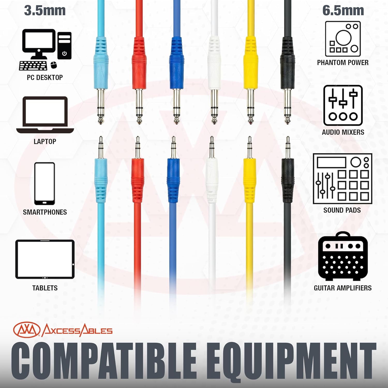 1/8-inch to 1/4-inch TRS Stereo Audio Cable 6-Pack – Multi-Color