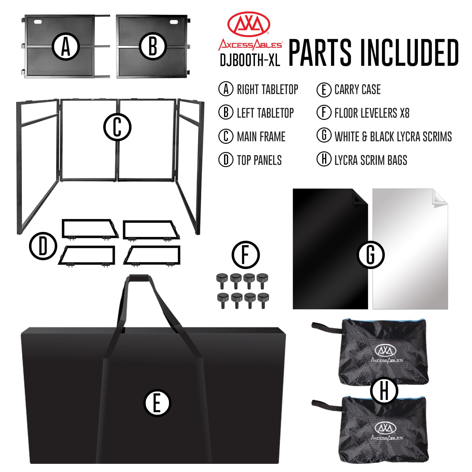 AxcessAbles DJ BOOTH XL 58" wide x 29" deep DJ Facade Table | Portable Extra Wide DJ Table Booth with Black and White Scrims, Carry Cases | Large DJ Controller Stand | Music Mixer Stand