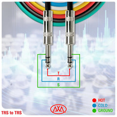 AxcessAbles 20ft 6-Pack TRS to Audio Cables - 1/4" Balanced, Multi-Color, Male-to-Male, Studio & Home Audio