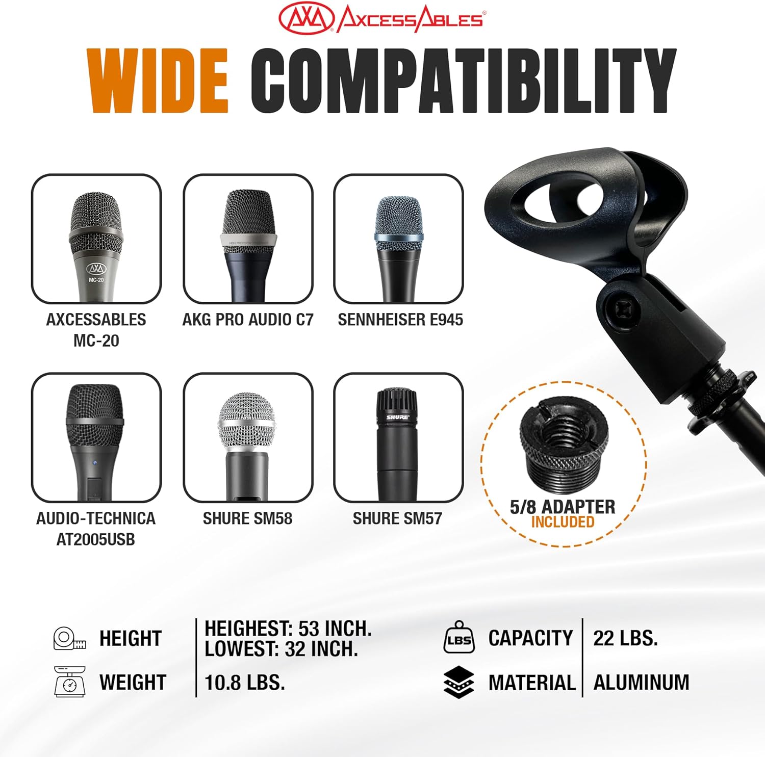 AxcessAbles Tripod Microphone Stand with Clutch Height Adjustment and Telescopic Mic Boom Arm | Soft Grip Squeeze Height Adjustment| Performer's Microphone Stand | Collapsible Tripod Base