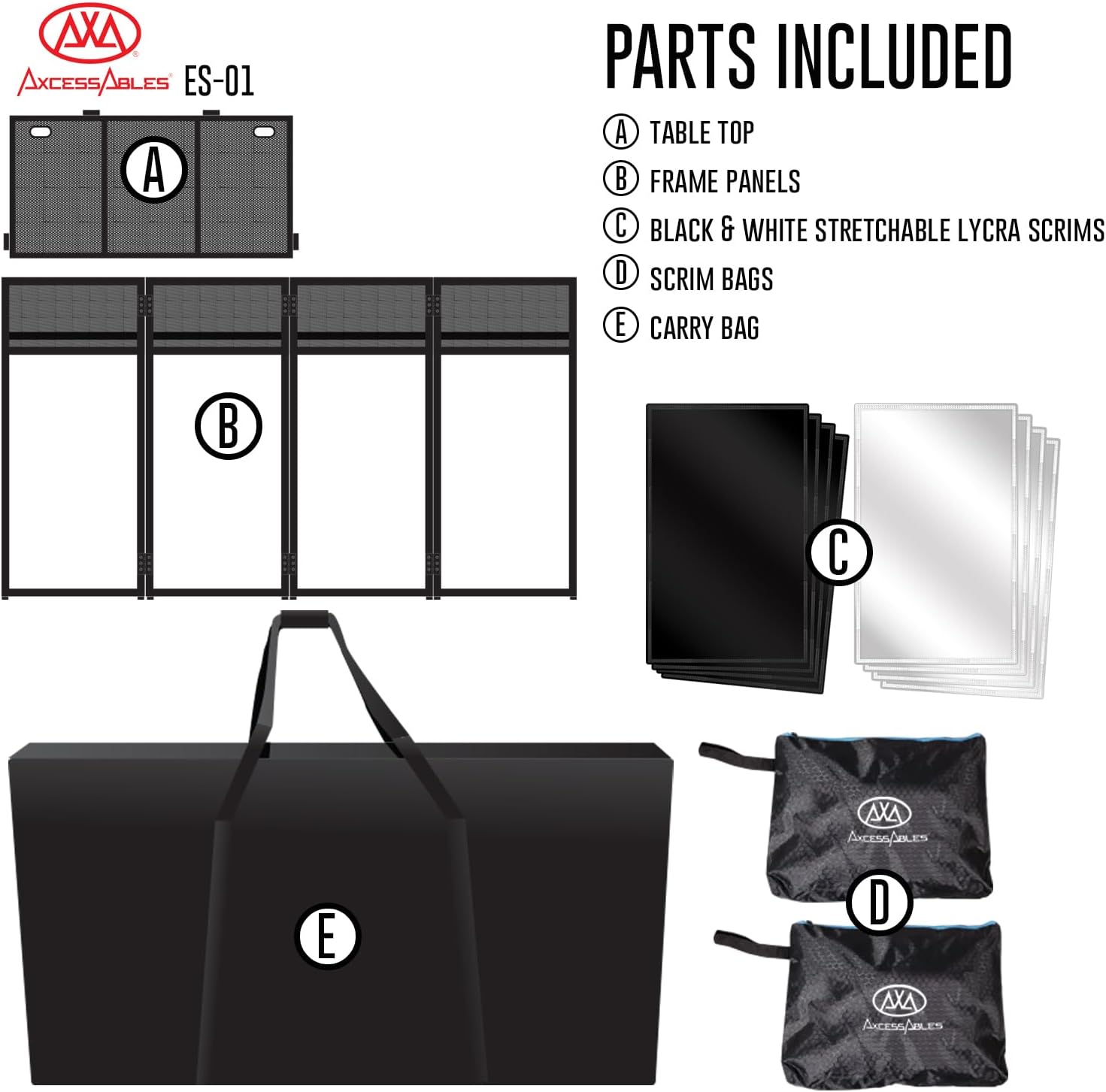 AxcessAbles Portable DJ Facade Booth with Black and White Lighting Scrims, Carry Cases | Standing DJ Table - 40" x 20" | DJ Controller Stand | Recording Mixer Stand | DJ Booth (ES-01)