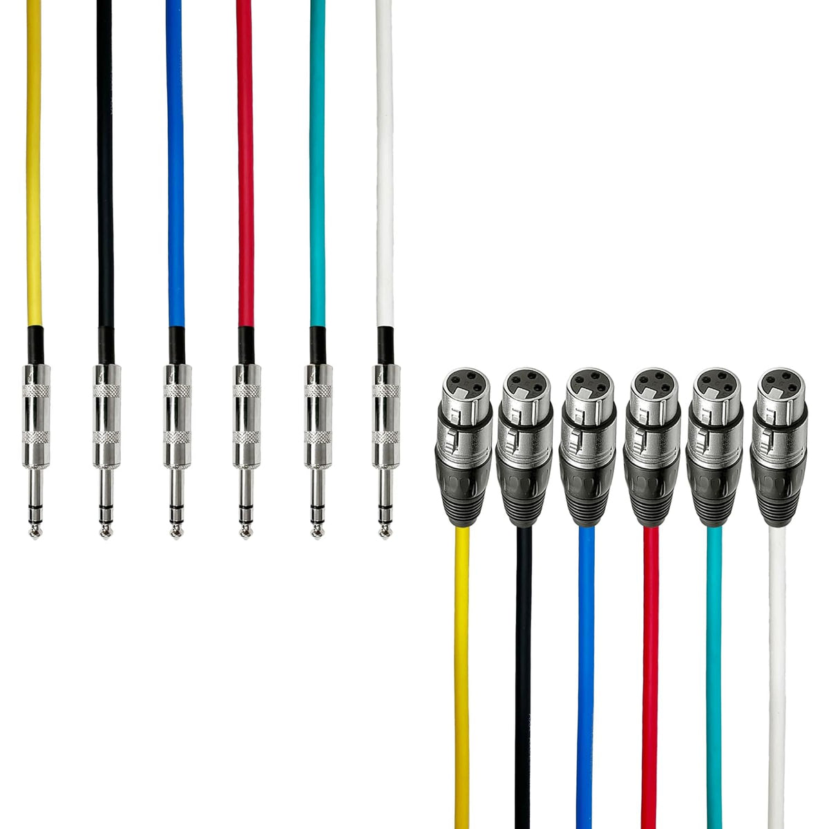 AxcessAbles XLR Female to 1/4" TRS Balanced 25ft Speaker Color Cable Pack | Balanced Speaker, Microphone Snake Cords (25ft - 6 Pack)