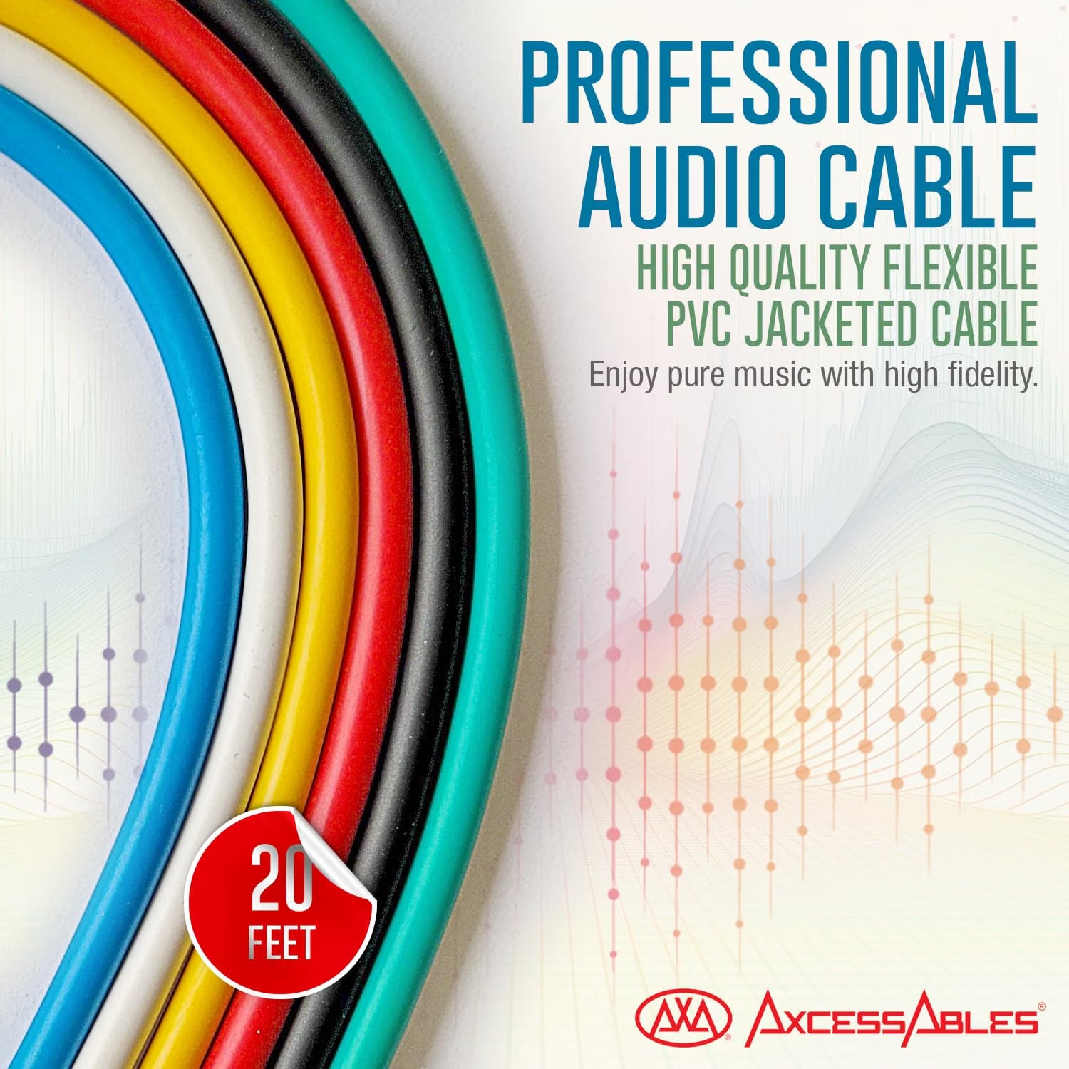AxcessAbles 20ft Multi-Color 6.35mm 1/4" Balanced TRS Audio Cables (6 Pack) - TRS Speaker Patch Cables for Balanced Audio Connections