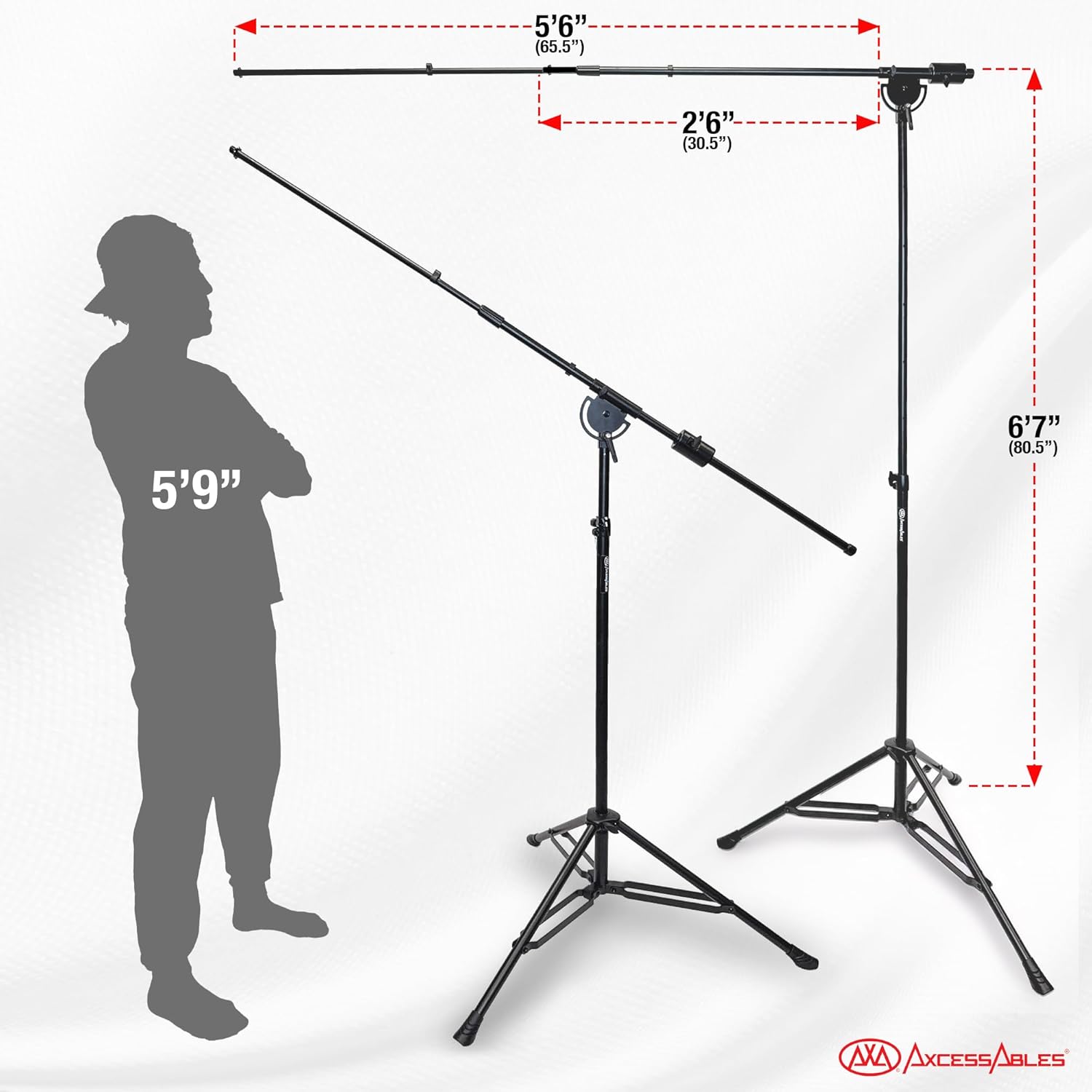 AxcessAbles AXCMB-T Heavy Duty Microphone Boom Stand with Weighted Tripod Base | 80.5-inch Height Overhead Mic Stand | 65.5-Inch Boom Arm Stand | Shotgun Video Mic Stand | All Metal Construction - Open Box