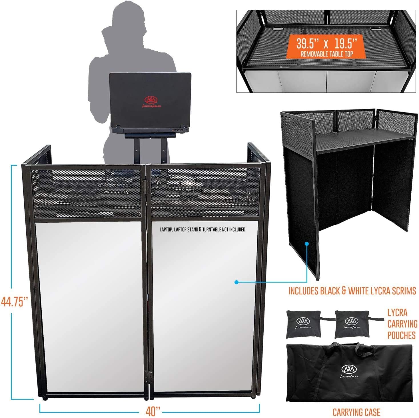 AxcessAbles Portable DJ Facade Booth with Black and White Lighting Scrims, Carry Cases | Standing DJ Table - 40" x 20" | DJ Controller Stand | Recording Mixer Stand | DJ Booth (ES-01)
