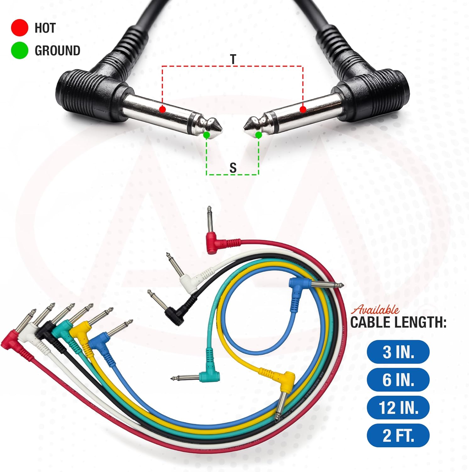 1/4-inch TS (Mono) Right Angle Guitar Audio Multi-Color Patch Cable 6-Pack