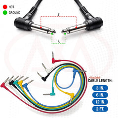 AxcessAbles 1/4" TS Right Angle to Right Angle Guitar Patch Cable, 24-Inch, 6-Pack, Multi-Color | Mono Unbalanced Instrument Cables for Guitar, Bass, Pedalboard, Mixer & Audio Equipment