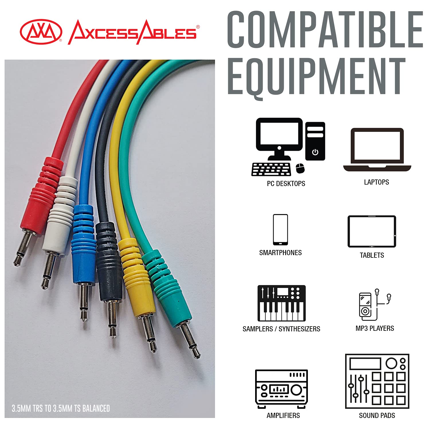 AxcessAbles 1/8-inch (3.5mm) TRS to 1/8-inch (3.5mm) TRS Balanced Minijack Stereo Patch Cables 6-Pack (1.5ft) Mobile Devices Outboard & Patchbay Studio External Digital Analog Effects - Open Box