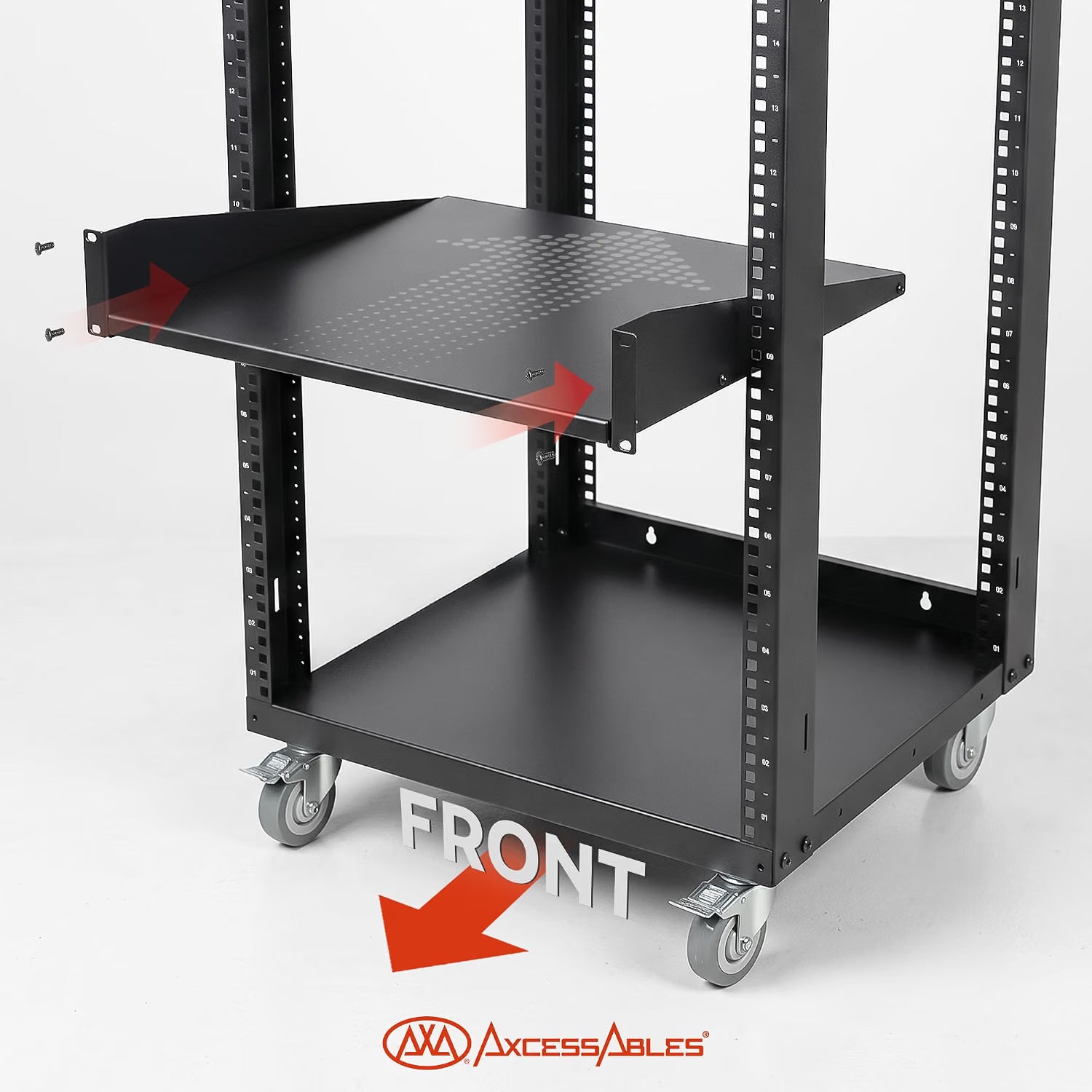 AxcessAbles OPRK12U-2T Open Frame Network & AV Rack with Caster Wheels, Two 2U Shelves, 10-32 & Cage Nut Compatible Rails, Cage Nuts, Screws, Cage Nut Tool & Wall Mount Kit | 19-Inch Rack - 440lb Capacity, 18" Depth