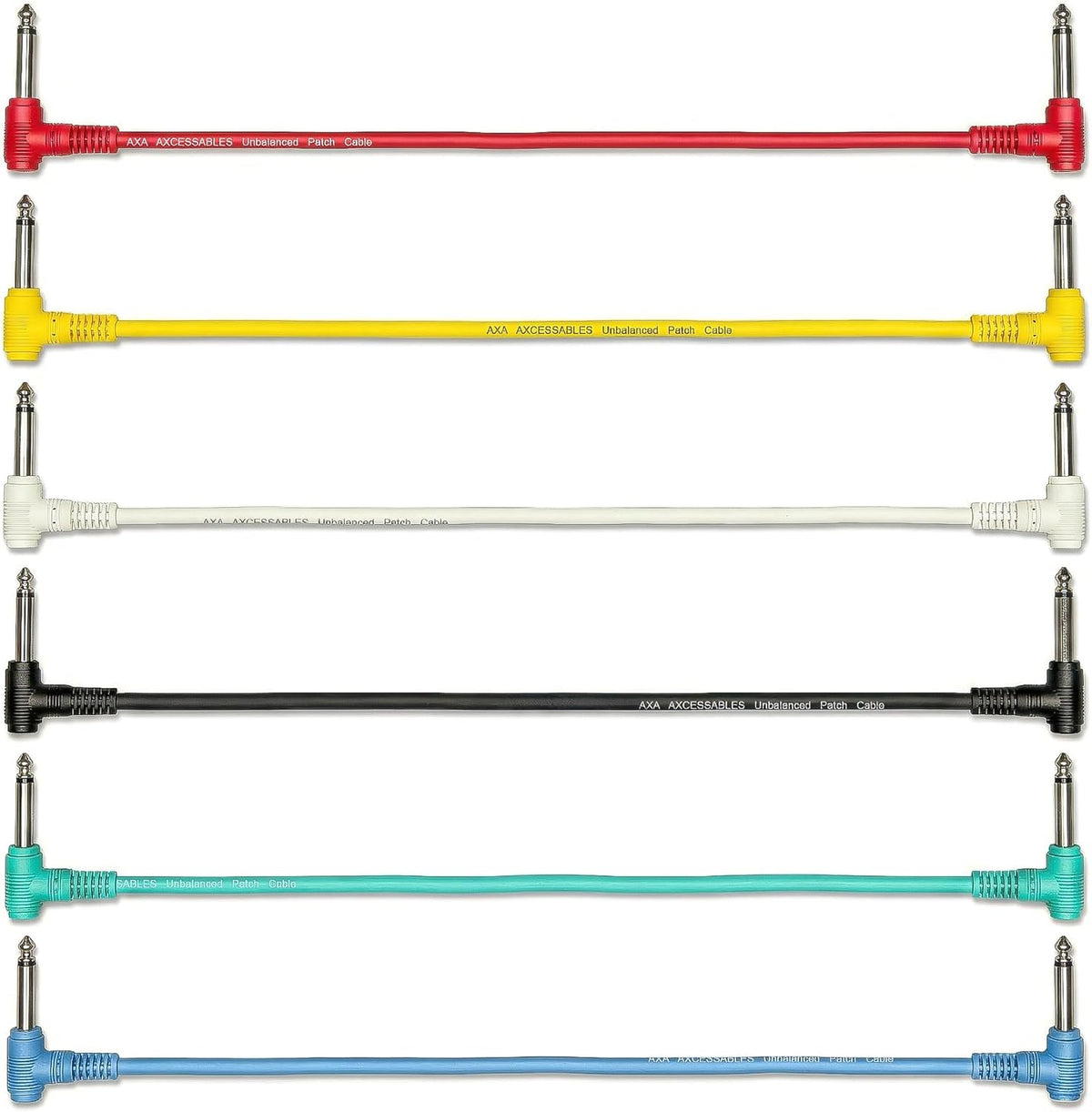 AxcessAbles 1/4" TS Right Angle Guitar Patch Cable, 6-Inch, 6-Pack, Multi-Color | Mono Unbalanced Instrument Cords for Guitar Pedals, Effects Pedals, Pedalboards, Patch Bays & Audio Equipment