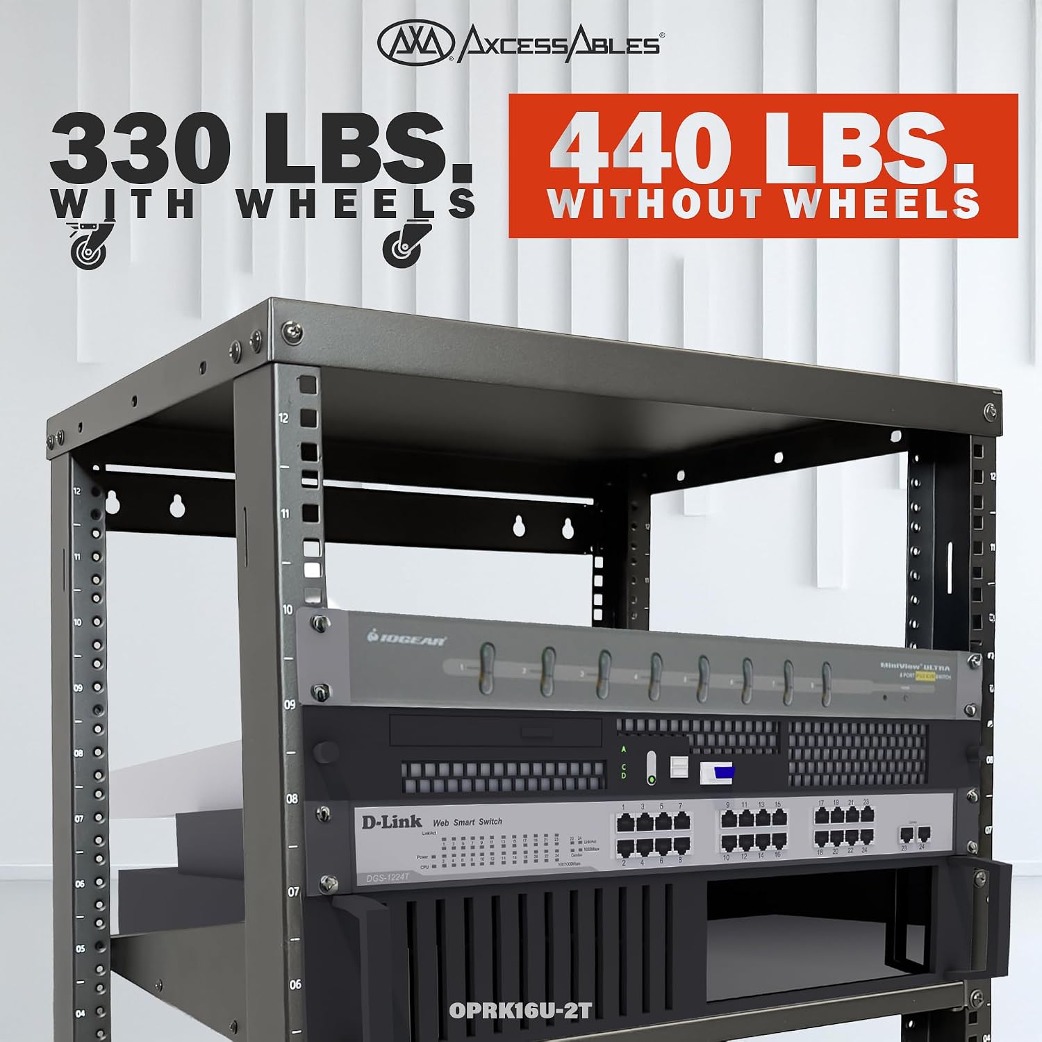AxcessAbles 16U Open Frame Network & AV Rack with Caster Wheels, Two 2U Shelves, 10-32 & Cage Nut Compatible Rails, Cage Nuts, Screws, Cage Nut Tool & Wall Mount Kit | 19-Inch Equipment Rack