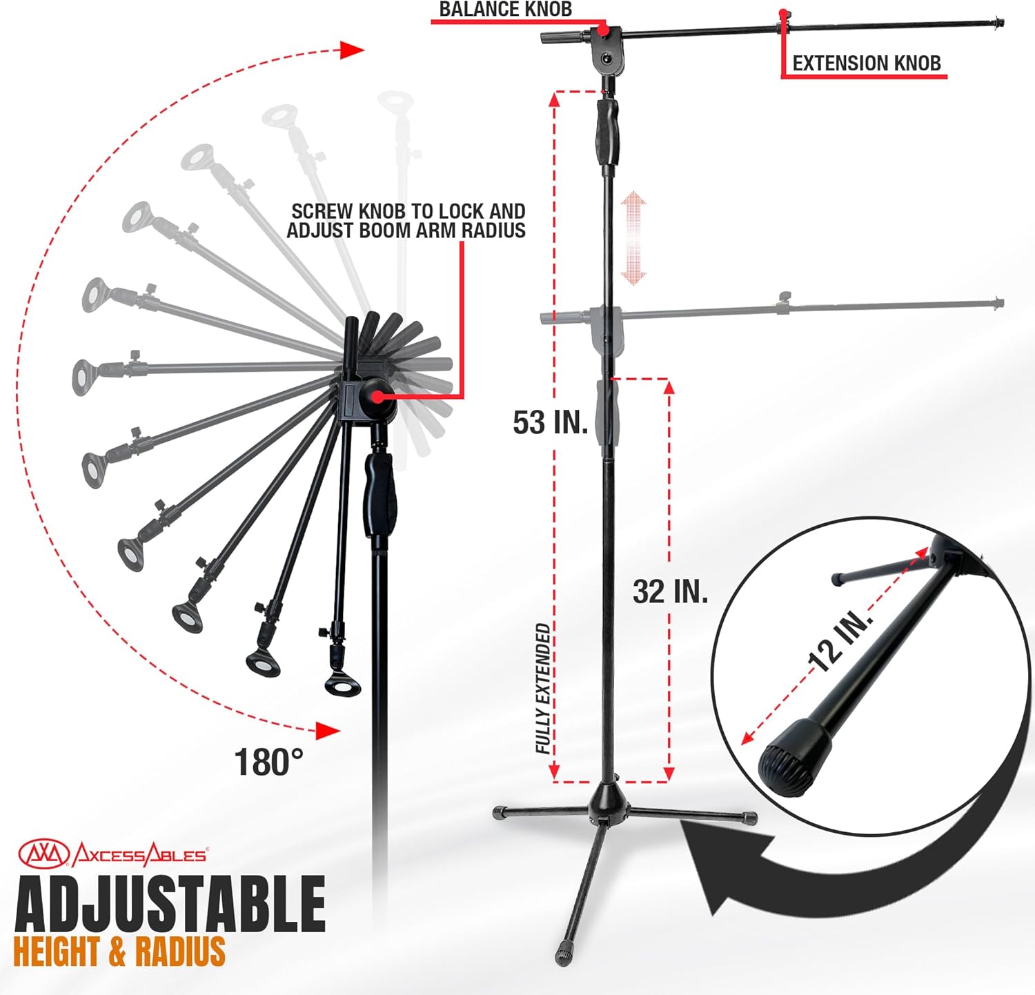 AxcessAbles Tripod Microphone Stand with Clutch Height Adjustment and Telescopic Mic Boom Arm | Soft Grip Squeeze Height Adjustment| Performer's Microphone Stand | Collapsible Tripod Base