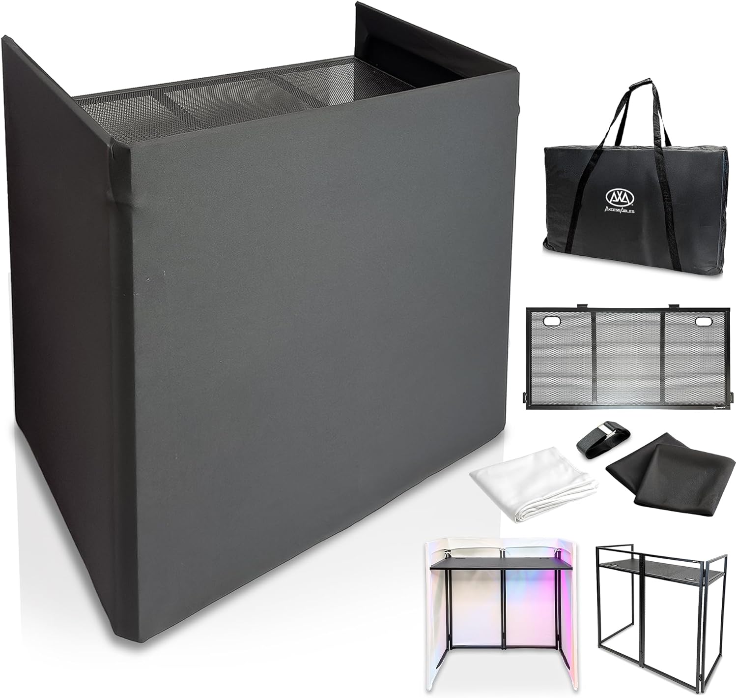 AxcessAbles Portable DJ Facade Booth with Carry Case – 40" x 20" Tabletop, Steel Frame, and Black & White Scrims