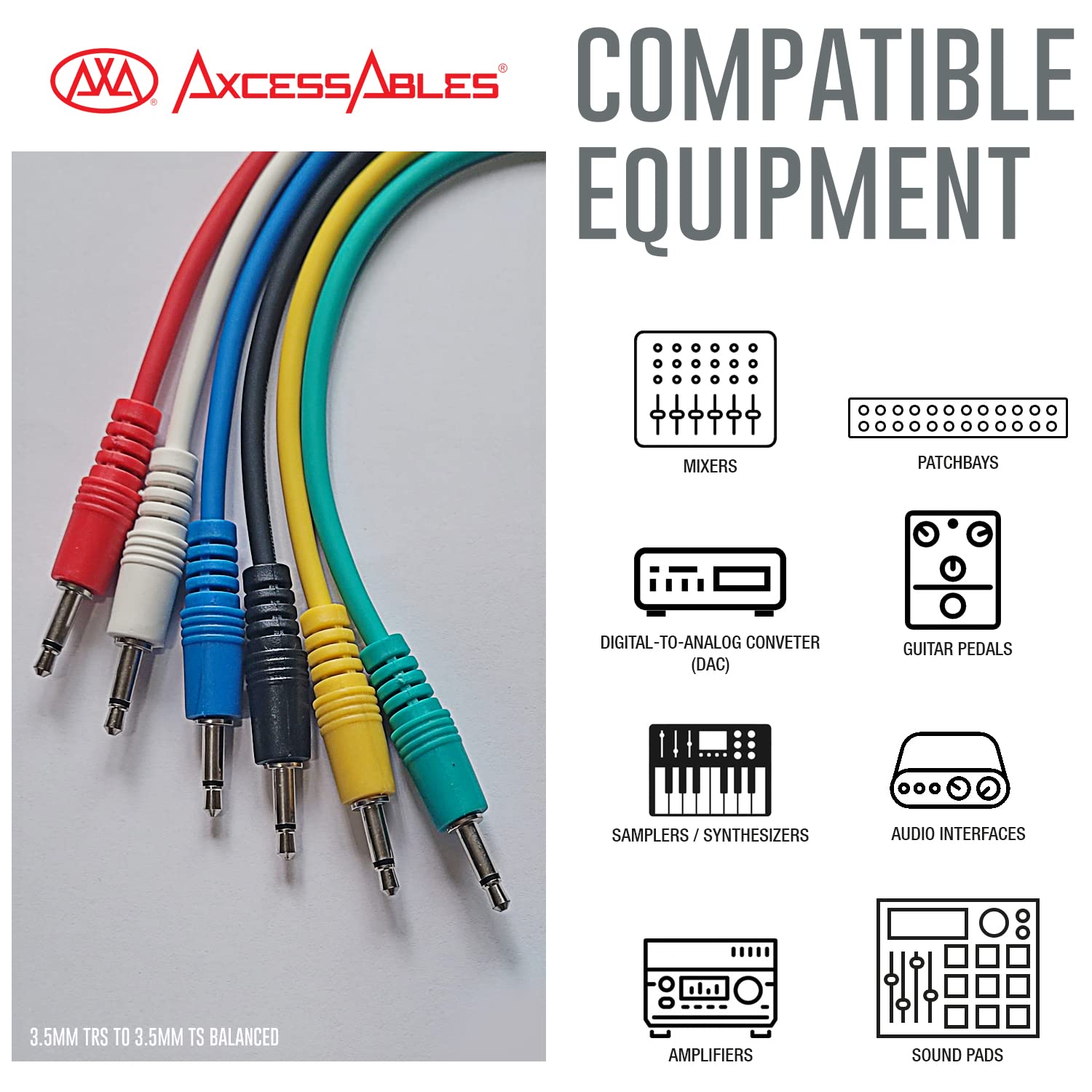 1/8-inch TS (Mono) Multi-Color Unbalanced Patch Cables (6 Pack, 1ft)
