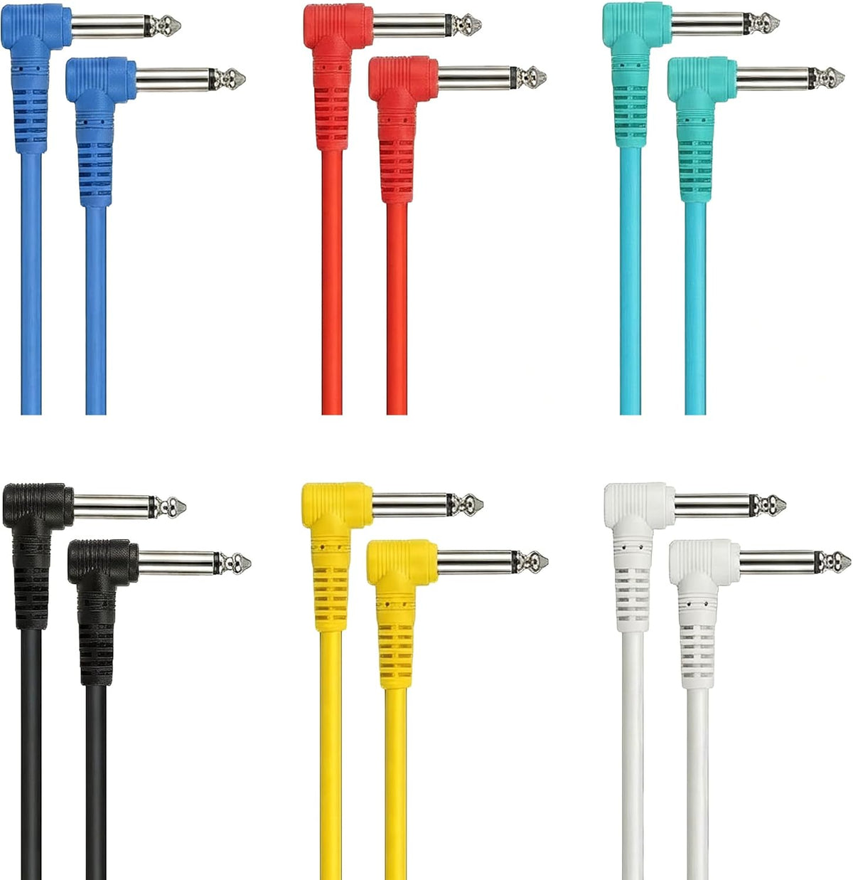 AxcessAbles 1/4" TS Right Angle to Right Angle Guitar Patch Cable, 24-Inch, 6-Pack, Multi-Color | Mono Unbalanced Instrument Cables for Guitar, Bass, Pedalboard, Mixer & Audio Equipment