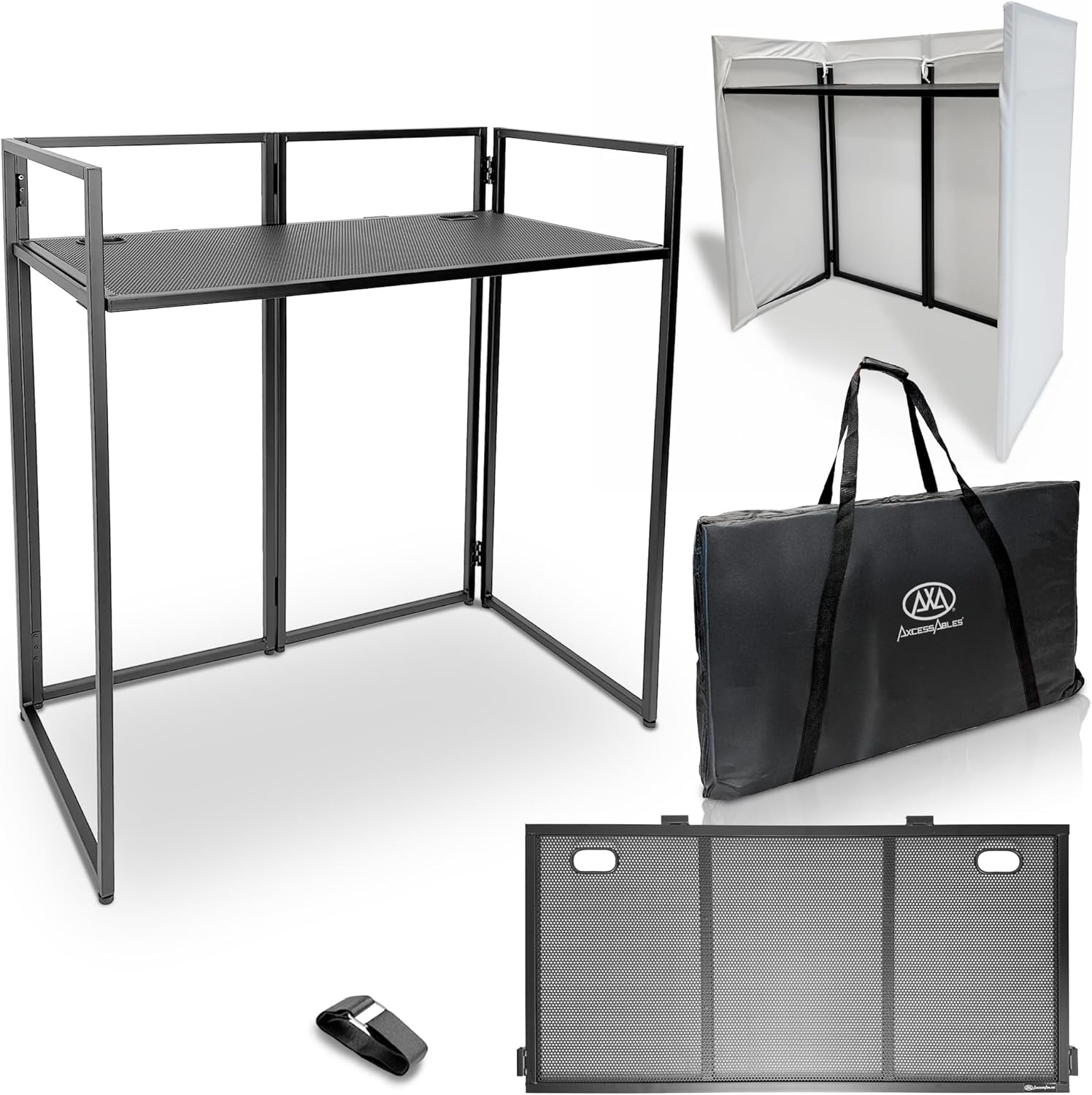 AxcessAbles Portable White DJ Facade Booth with Carry Case – 40" x 20" Tabletop, Steel Frame, and White Scrim | White DJ Table | Event Booth (ES-01X)