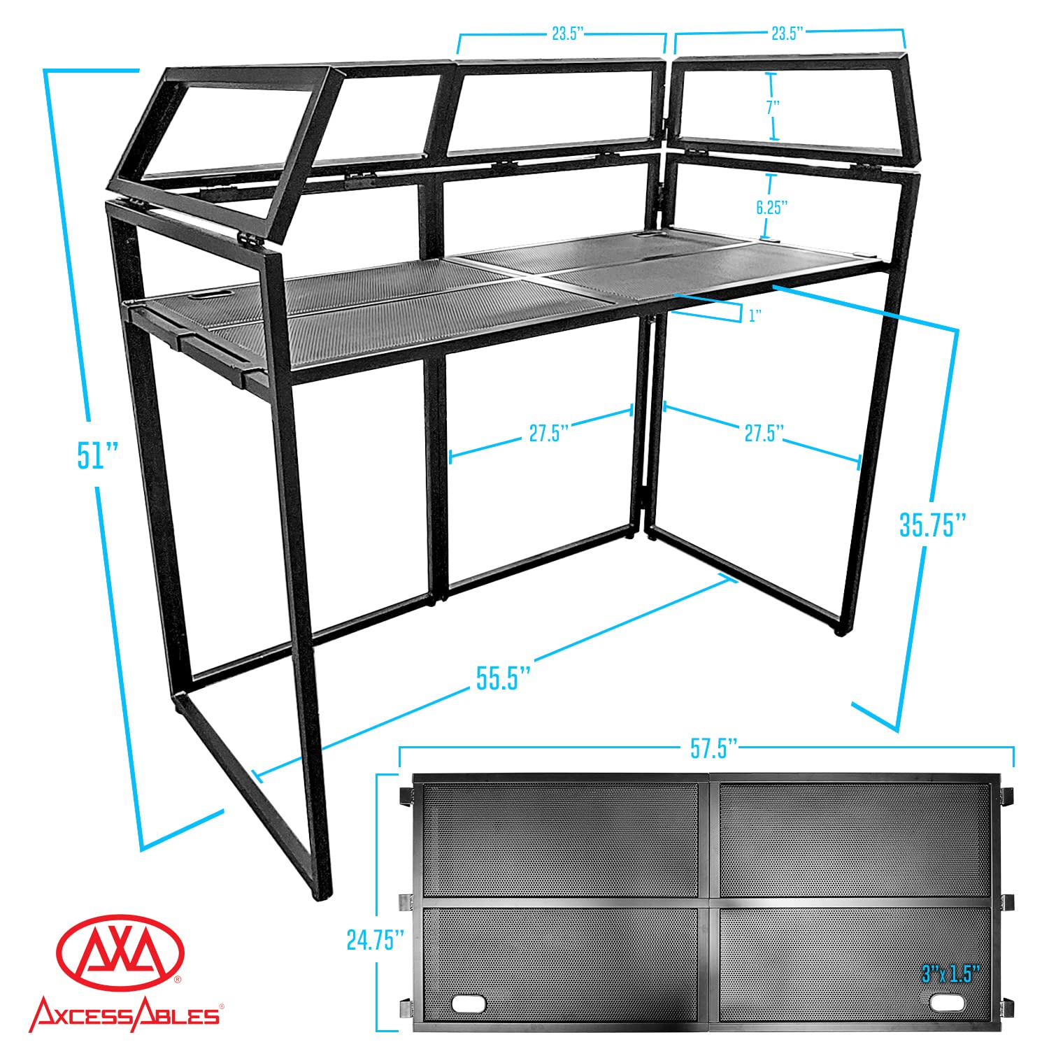 AxcessAbles DJ BOOTH XL 58" wide x 29" deep DJ Facade Table | Portable Extra Wide DJ Table Booth with Black and White Scrims, Carry Cases | Large DJ Controller Stand | Music Mixer Stand